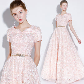 Pink Lace A-line Cap Sleeves Floor Length Party Dress, A-line Pink Prom Dress Formal Dress