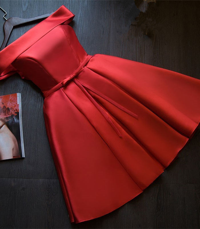 Red Satin Short Homecoming Dress, Off Shoulder Lace-up Formal Dress