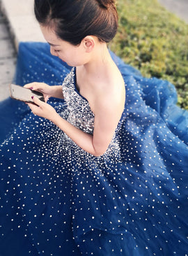 Navy Blue Sparkle Sequins Lace-up Long Formal Gown, Evening Party Gowns