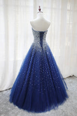 Navy Blue Sparkle Sequins Lace-up Long Formal Gown, Evening Party Gowns