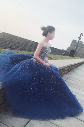 Navy Blue Sparkle Sequins Lace-up Long Formal Gown, Evening Party Gowns