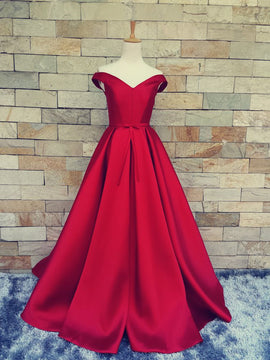 Beautiful Red Satin Off Shoulder High Quality Handmade Formal Dress, Red Evening Gowns