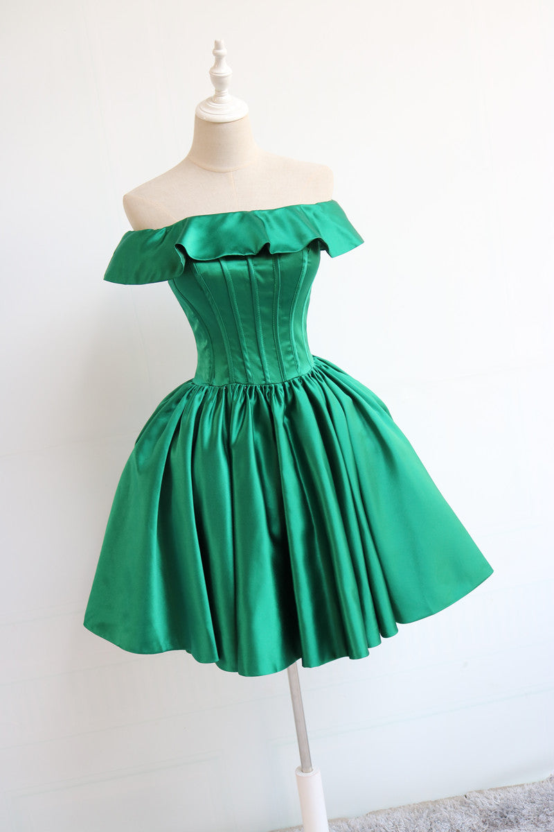 dark green off the shoulder dress Dark Green Off Shoulder Satin Wedding Party Dress, Beautiful Homecomin – Cutedressy