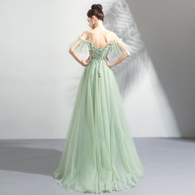 Light Green Lace Flowers V-neckline Straps Long Tulle Prom Dress, A-li Cutedressy Light Green Lace Flowers V-neckline Straps Long Tulle Prom Dress, A-li Cutedressy