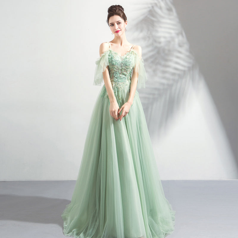 Light Green Lace Flowers V-neckline Straps Long Tulle Prom Dress, A-li Cutedressy Light Green Lace Flowers V-neckline Straps Long Tulle Prom Dress, A-li Cutedressy