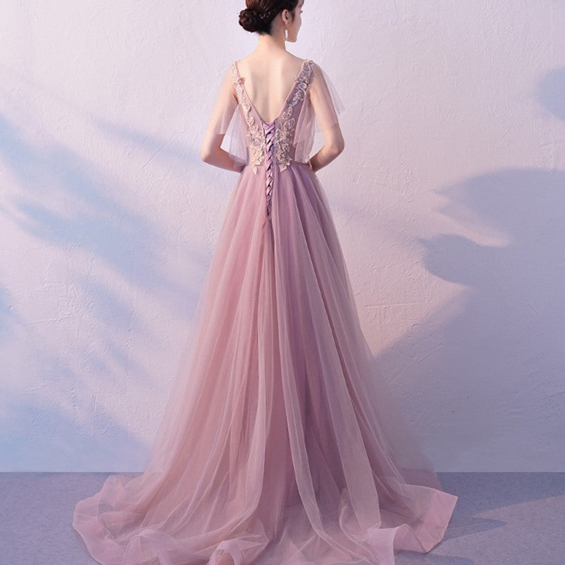 Beautiful Pink Tulle Party Dress with Train, A-line Prom Dress