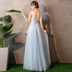 Light Blue Tulle Elegant Long Junior Prom Dress, Lace Applique Formal Dress