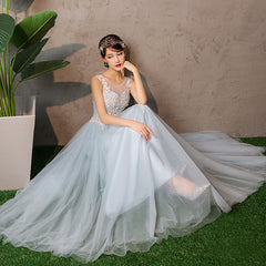 Light Blue Tulle Elegant Long Junior Prom Dress, Lace Applique Formal Dress