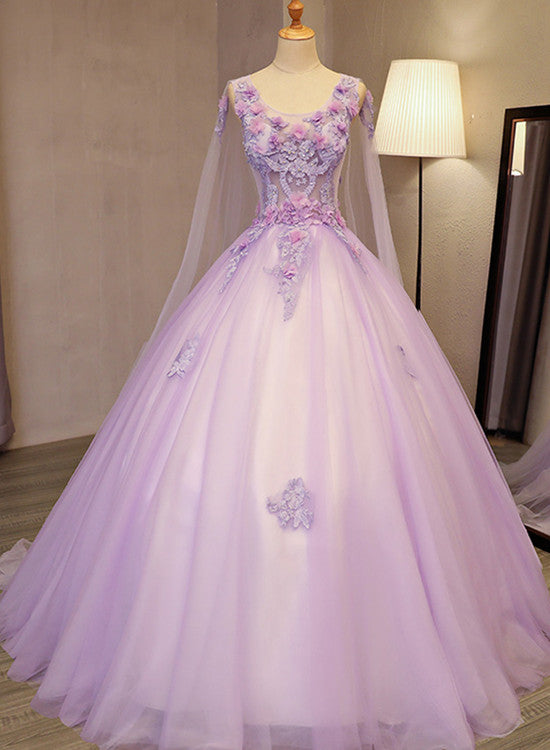 Charming Lavender Tulle Flowers Long Prom Dress, Sweet 16 Gowns