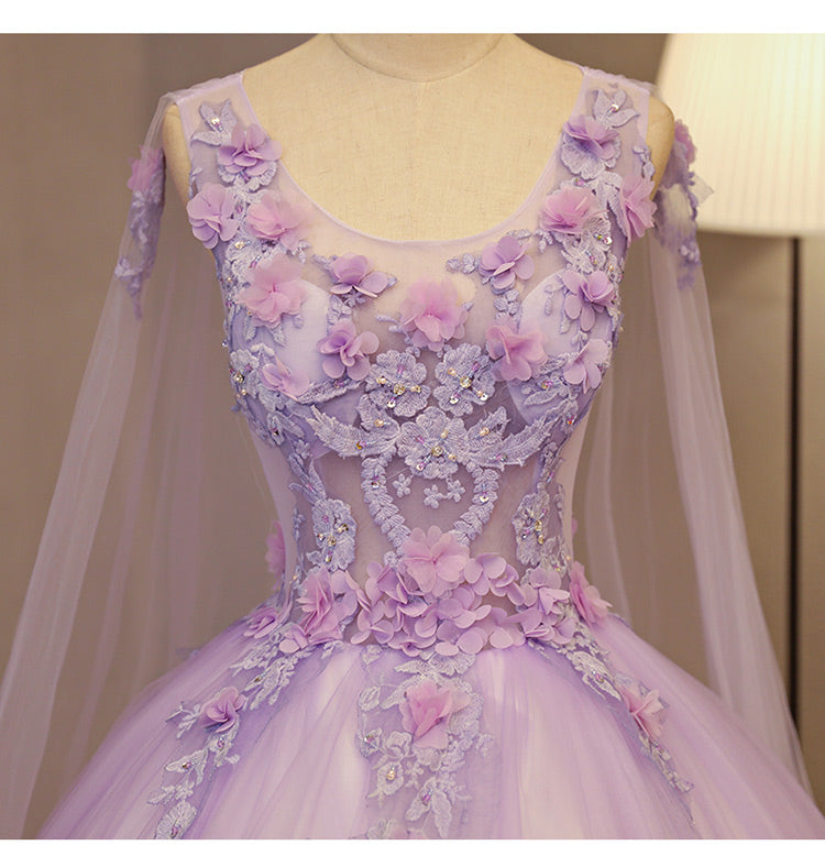 Charming Lavender Tulle Flowers Long Prom Dress, Sweet 16 Gowns