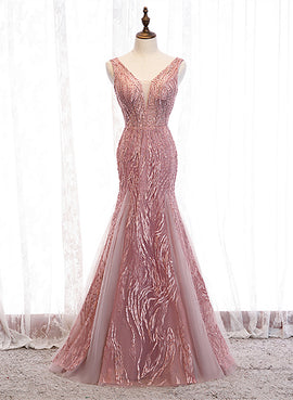 Pink Mermaid Lace and Tulle V-neckline Party Dress, Pink Floor Length Prom Dress