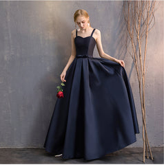 Navy Blue Satin Straps Long Evening Dress Floor Length , Blue Formal Dress Party Dress