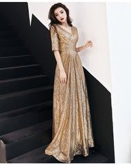 Shiny Sequins Golden Long Bridesmaid Dress, V-neckline Prom Dress
