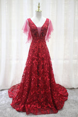 Charming Wine Red Lace A-line Long Prom Dress, Party Dress