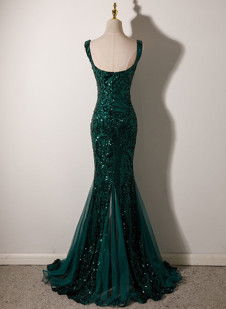 Dark Green Mermaid Tulle with Sequins Straps Party Dress, Mermaid Long Formal Dress