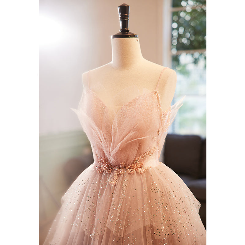 Sweet Strapless Tulle Sequin Appliques Pink Party Dress Evening Gown