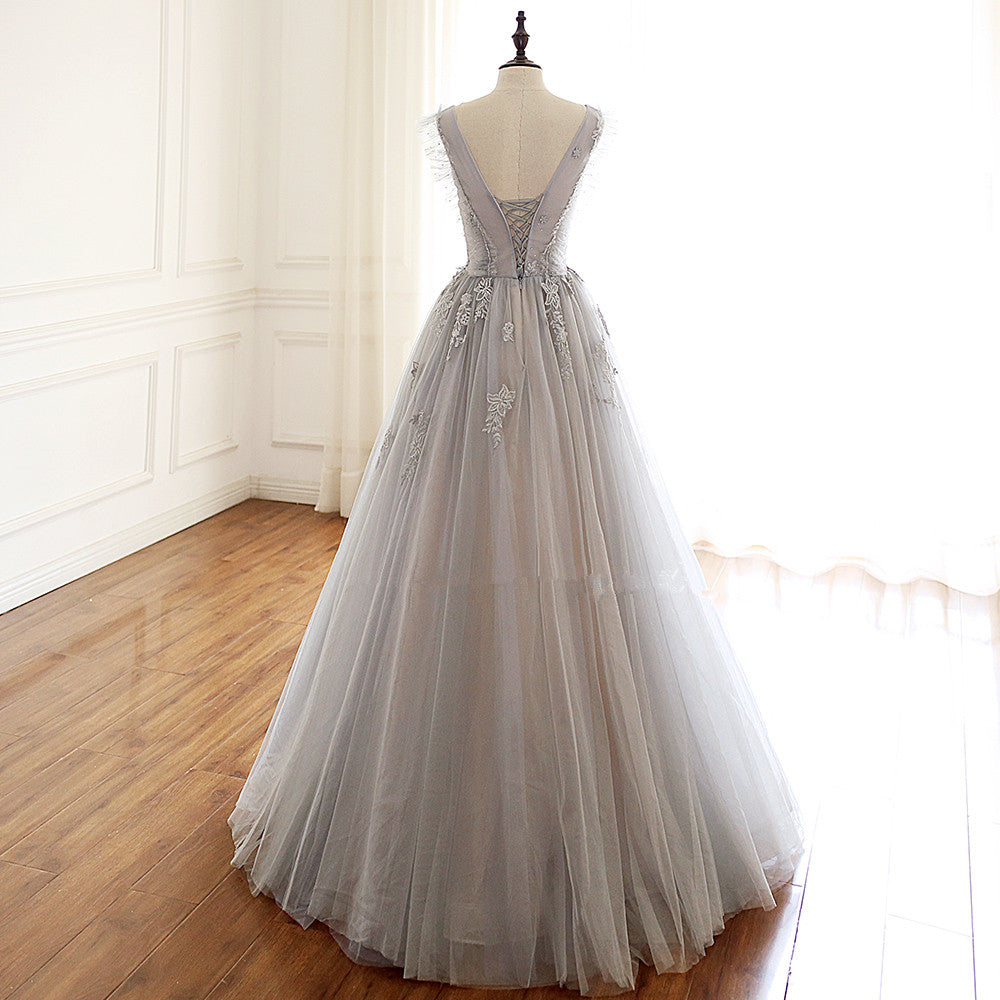 Grey Lace and Tulle V-neckline Long Party Dress Formal Dress, Grey New Cutedressy Grey Lace and Tulle V-neckline Long Party Dress Formal Dress, Grey New Cutedressy