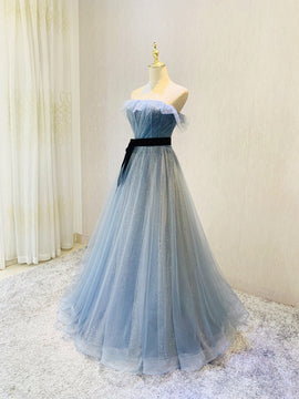 Beautiful Blue Tulle Shiny Long Party Dress with Belt, A-line Blue Formal Dresses