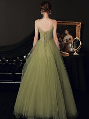Light Green Tulle A-line Straps Formal Gown 2022, Green Evening Party Dresses