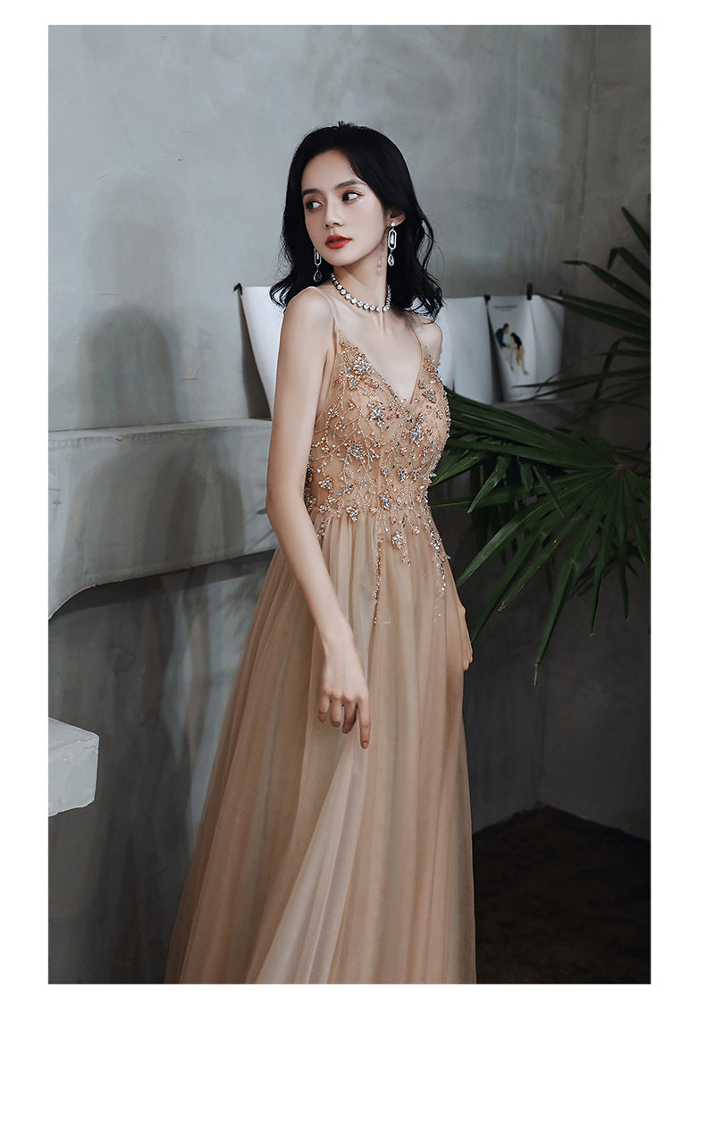 Champagne Beaded V-neckline Spaghetti Strap Tulle Evening Gown, A-line Prom Dress