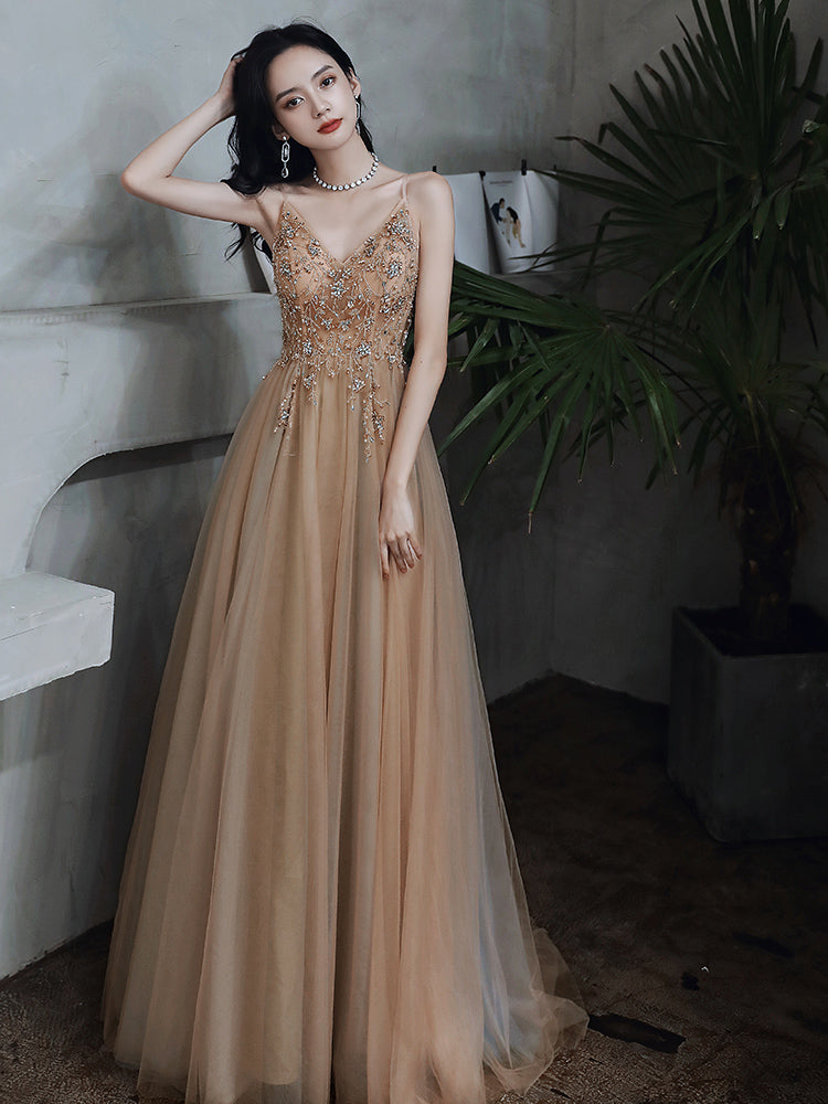 Champagne Beaded V-neckline Spaghetti Strap Tulle Evening Gown, A-line Cutedressy Champagne Beaded V-neckline Spaghetti Strap Tulle Evening Gown, A-line Cutedressy