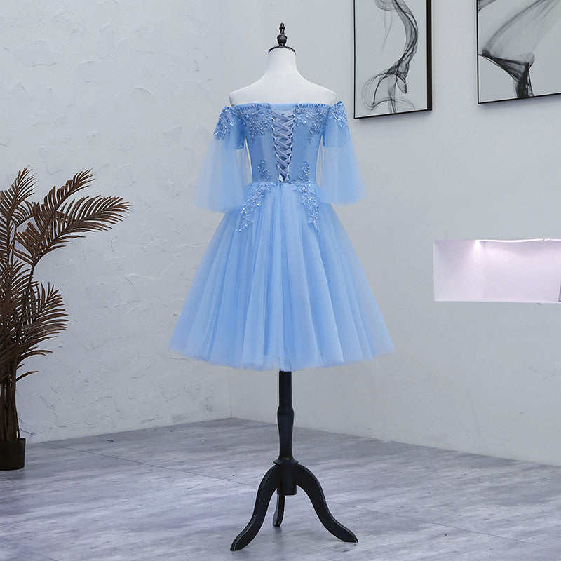Lovely Light Blue with Lace Off Shoulder Short Prom Dress, Blue Homecoming Dresses