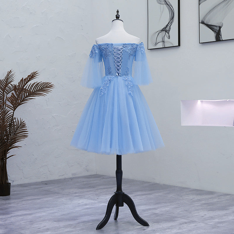 Lovely Light Blue with Lace Off Shoulder Short Prom Dress, Blue Homeco Cutedressy Lovely Light Blue with Lace Off Shoulder Short Prom Dress, Blue Homeco Cutedressy