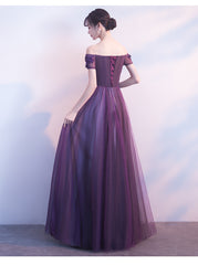 Off Shoulder Purple Tulle with Lace Applique Party Dress, Purple Prom Dress