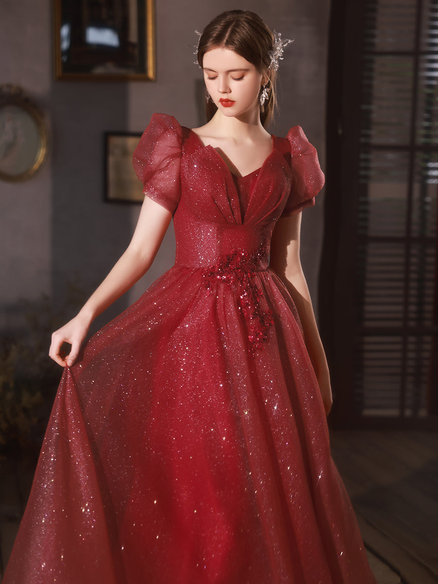 Wine Red Beaded Long Shiny Tulle Prom Dress, A-line Wine Red Evening Dress