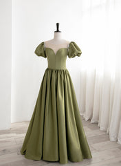 Green Satin Round Neckline A-line Floor Length Prom Dress, Green Short Sleeves Formal Dress