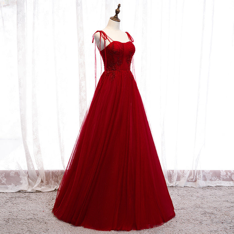 Wine Red Beaded Sweetheart Tulle Floor Length Party Dress, Wine Red Lo ...