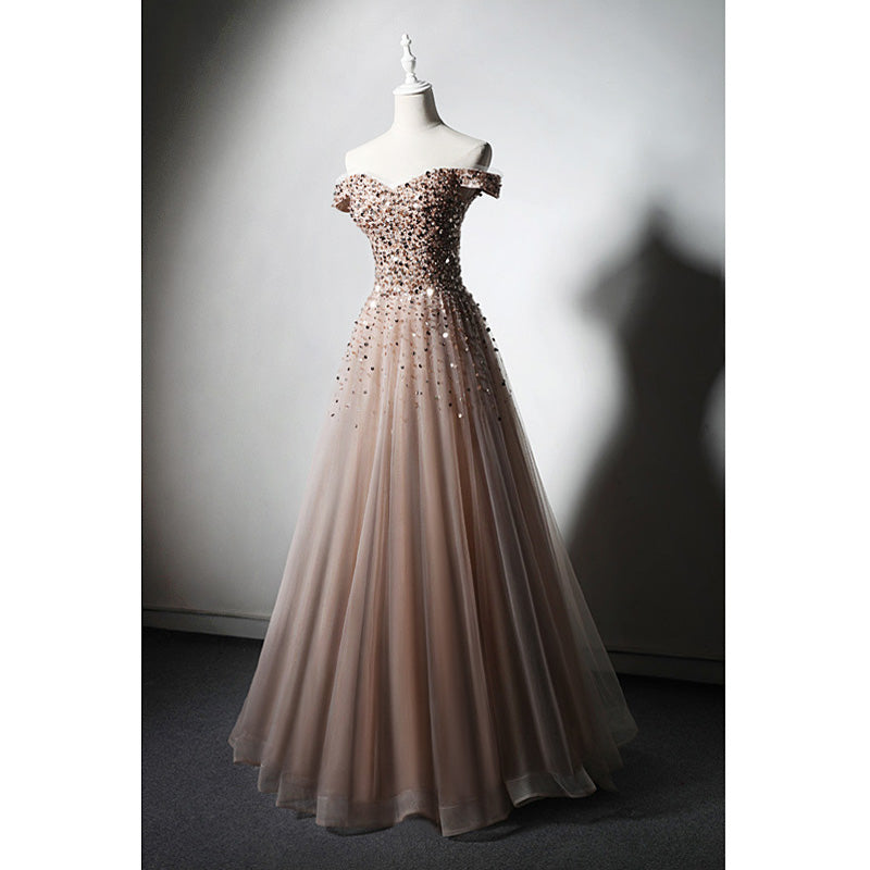 Sparkle Champagne Tulle Long Prom Gown, Off Shoulder Sequins Party Dress