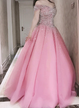 Beautiful Pink Sparkle Off Shoulder Floor Length Lace-up Formal Gown , Prom Gowns