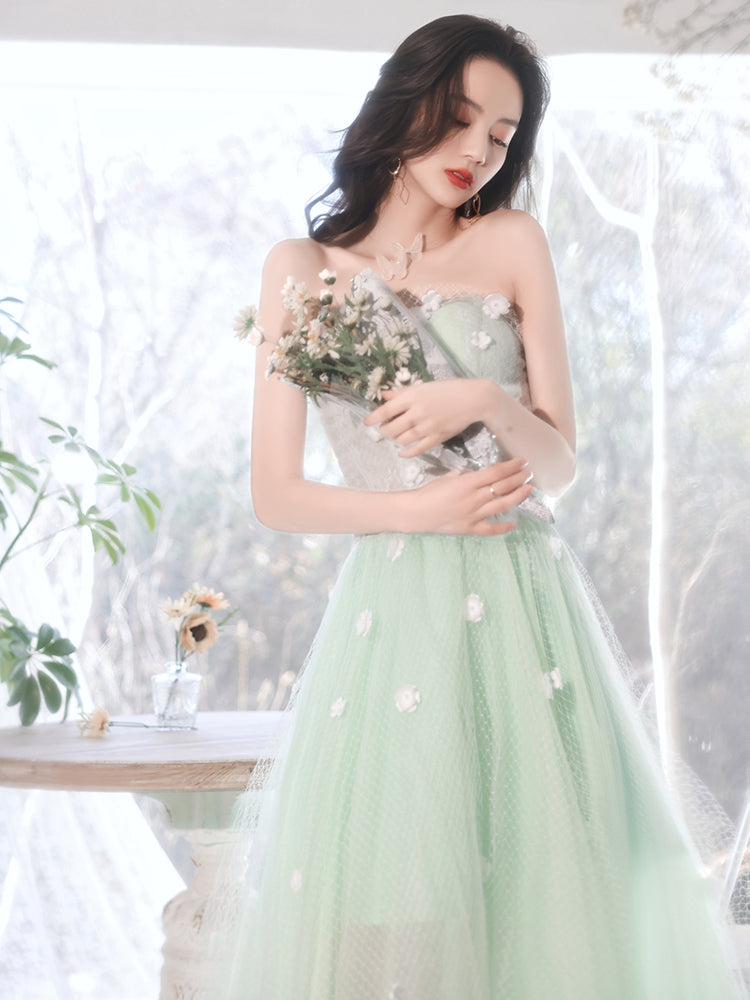 Light Mint Green Flowers Beautiful Long Tulle Party Dress, Light Green Cutedressy Light Mint Green Flowers Beautiful Long Tulle Party Dress, Light Green Cutedressy