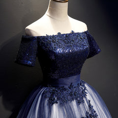 Charming Navy blue Gradient Tulle with Lace Applique Party Gown, Short Sleeves Formal Dress