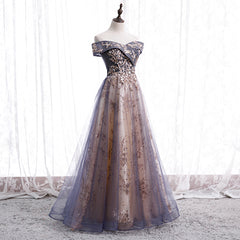Beautiful Off Shoulder Tulle with Lace Long Evening Gown, Floor Length Prom Dresses