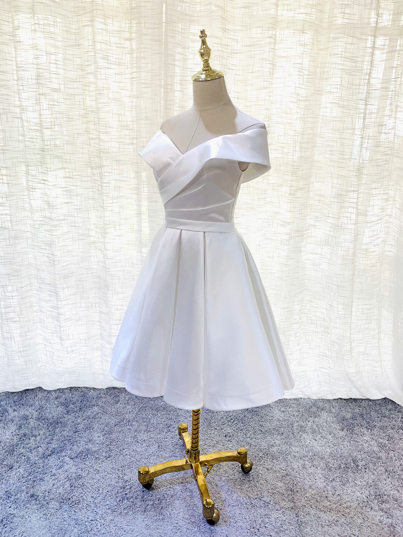 White Simple Satin Off Shoulder Knee Length Party Dress, Graduation Dress Prom Dress