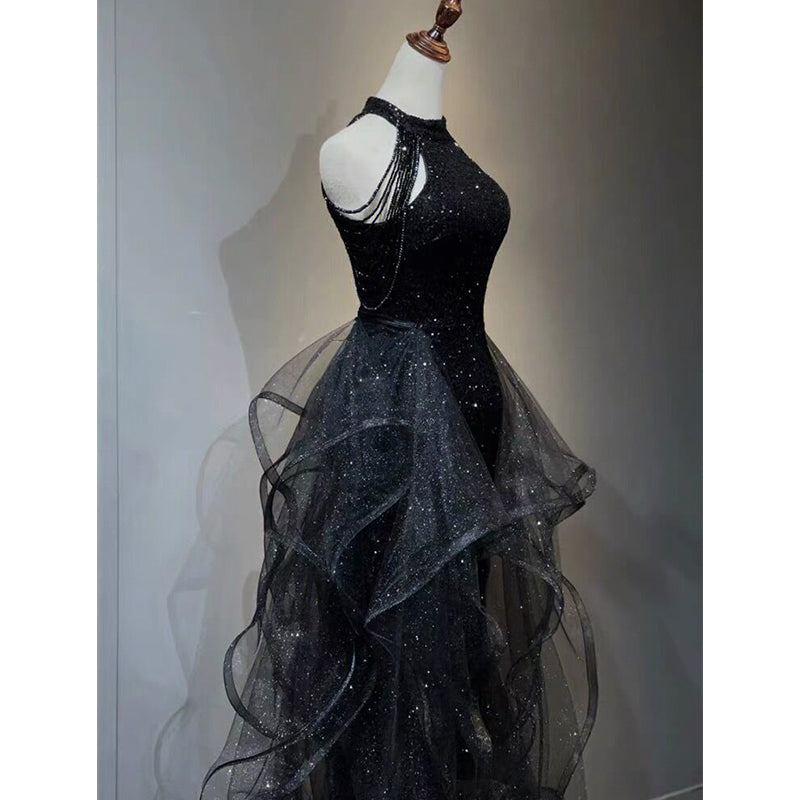 Black Halter Shiny Tulle Long Party Dress with Beadings, Black Tulle Prom Dress Black Halter Shiny Tulle Long Party Dress with Beadings, Black Tulle Prom Dress