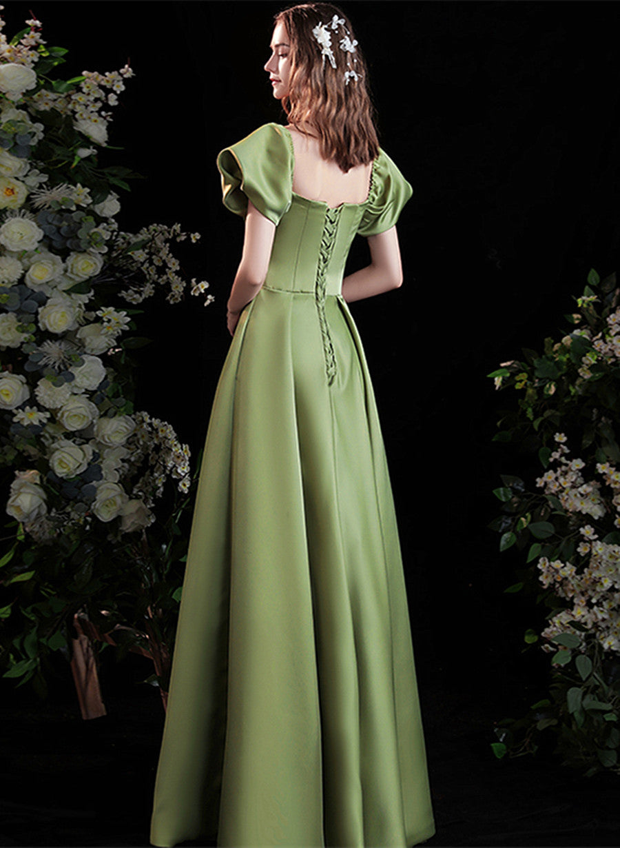 Green Satin Short Sleeves Scoop Neckline Prom Dress, Green Long Formal Cutedressy Green Satin Short Sleeves Scoop Neckline Prom Dress, Green Long Formal Cutedressy