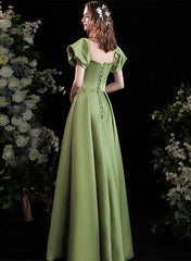 Green Satin Short Sleeves Scoop Neckline Prom Dress, Green Long Formal Dress