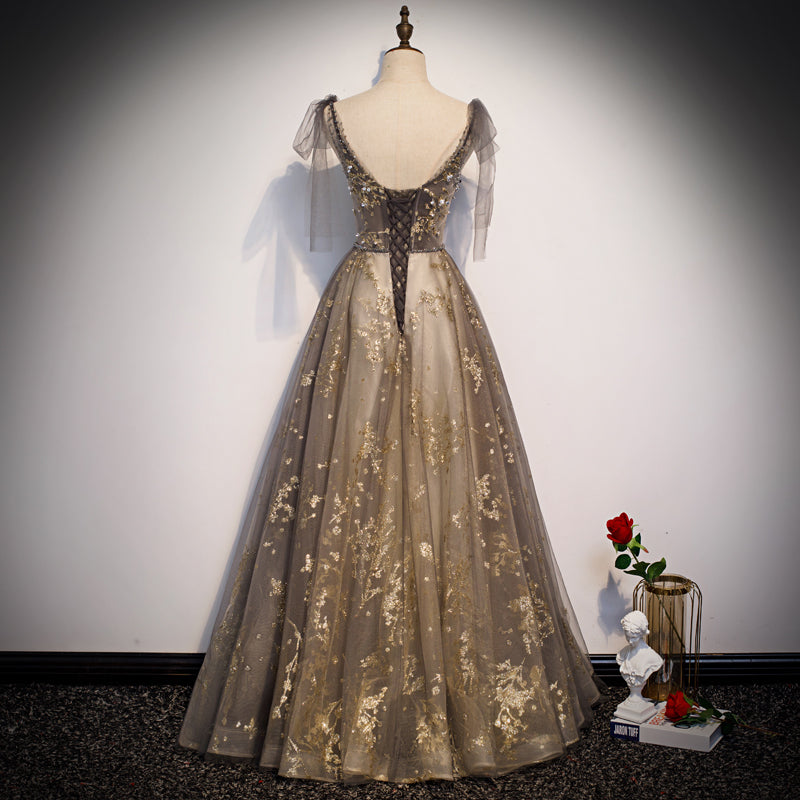 Lovely Champagne V-neckline Tulle Long Prom Dress Party Dress, Formal – Cutedressy