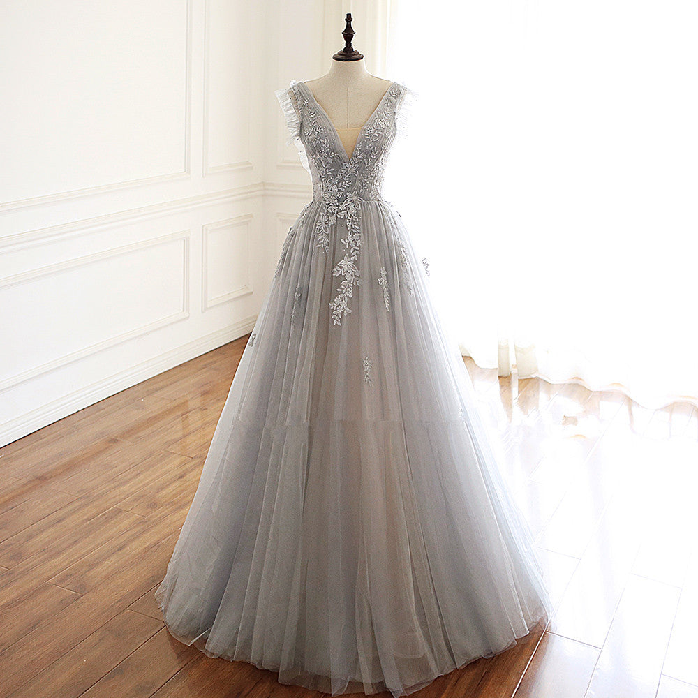 Grey Lace and Tulle V-neckline Long Party Dress Formal Dress, Grey New Cutedressy Grey Lace and Tulle V-neckline Long Party Dress Formal Dress, Grey New Cutedressy