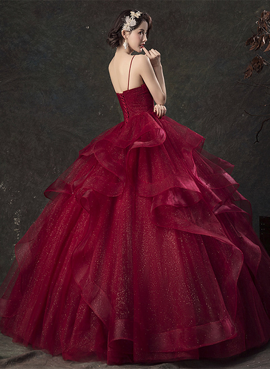 Glam Wine Red Tulle Ball Gown V-neckline Prom Dress, Wine Red Evening Dress