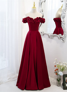 Wine Red Satin Off Shoulder Beaded Long Formal Dress, Wine Red A-line Prom Dress