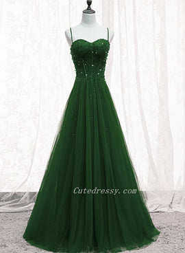 Green Beaded Tulle Sweetheart Tulle A-line Prom Dreess, Green Formal Dress Long Evening Dress