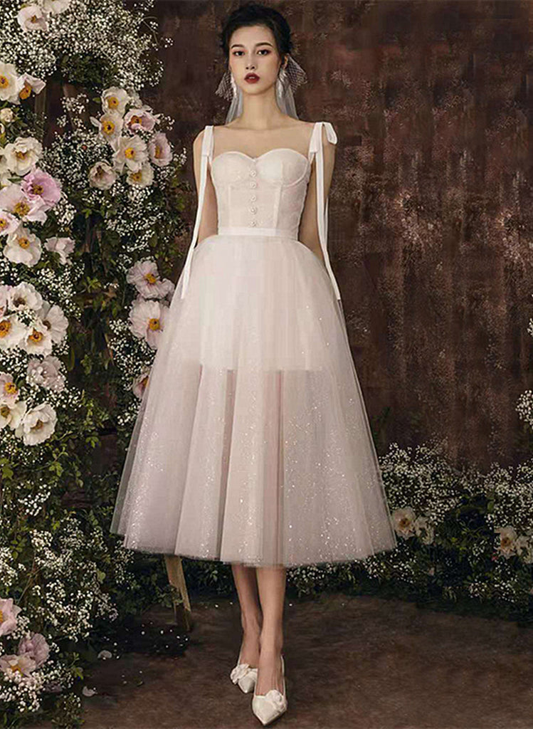 Ivory Tulle Sweetheart Straps Shiny Tea Length Party Dress, Tulle Wedd ...