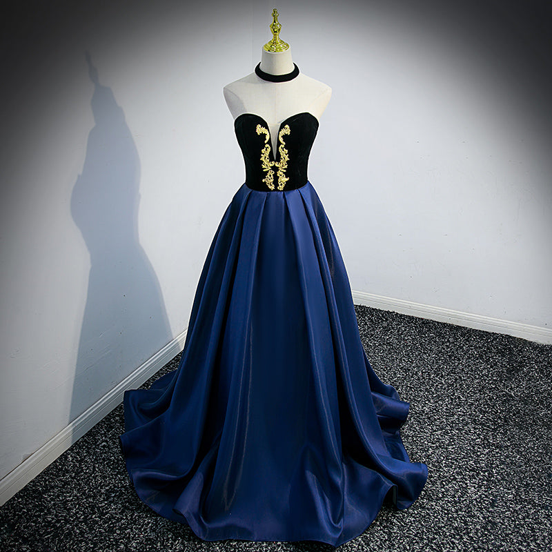 Beautiful Navy Blue Satin Halter Long Party Dress, Satin with Velvet P Cutedressy Beautiful Navy Blue Satin Halter Long Party Dress, Satin with Velvet P Cutedressy