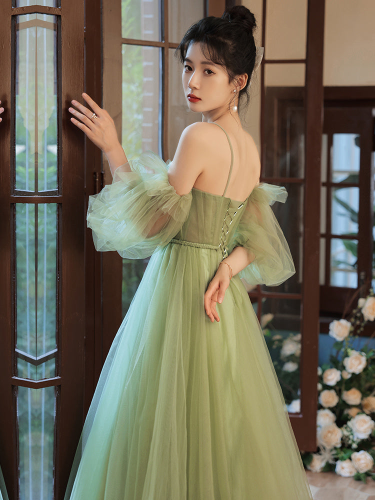 Light Green Tulle Simple Sweetheart Party Dresses, Green Long Prom Dresses