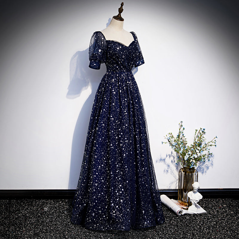 Navy Blue Short Sleeves Sweetheart Long Party Dress, A-line Blue Eveni Cutedressy Navy Blue Short Sleeves Sweetheart Long Party Dress, A-line Blue Eveni Cutedressy
