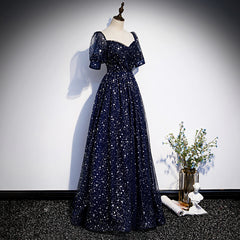 Navy Blue Short Sleeves Sweetheart Long Party Dress, A-line Blue Evening Gown